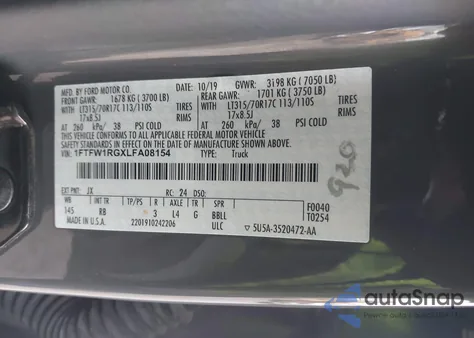 2020 Ford F-150 Raptor z USA, uszkodzony, nr VIN 1FTFW1RGXLFA08154